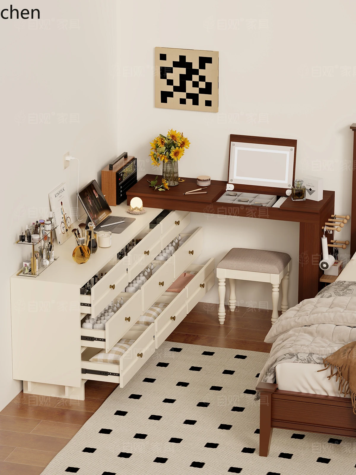 HTVintage Dressing Table with Six Drawers Extendable Combination L-Shaped Flip Top Makeup Table, Bedroom Bedside Jewelry Cabinet