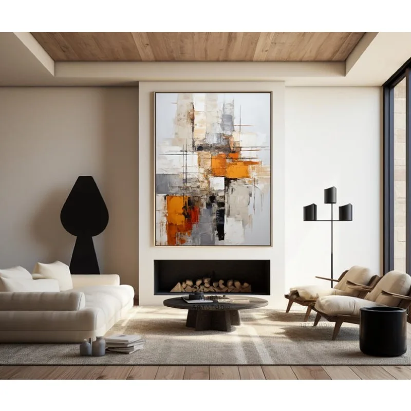 100% Hand Orange Abstract Oil Painting, Beige Minimalist Art Orange Texture Art Frameless Wall Canvas Art for Living Room Decor