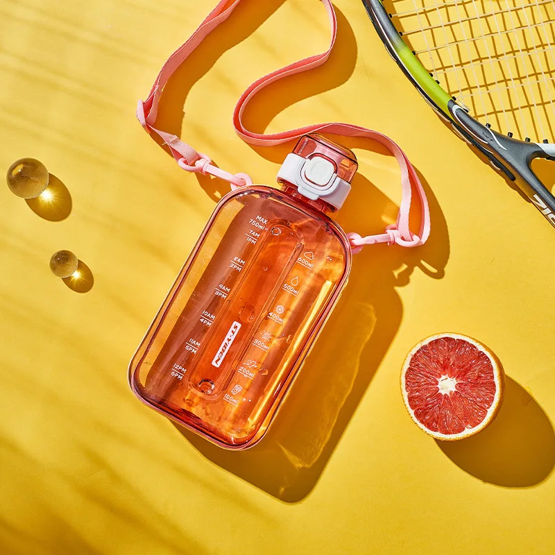 

Large Capacity Sports Water Bottle Simple Flat Plastic Cup Men and Women Portable Adjustable Shoulder Strap Travel Water Bottle