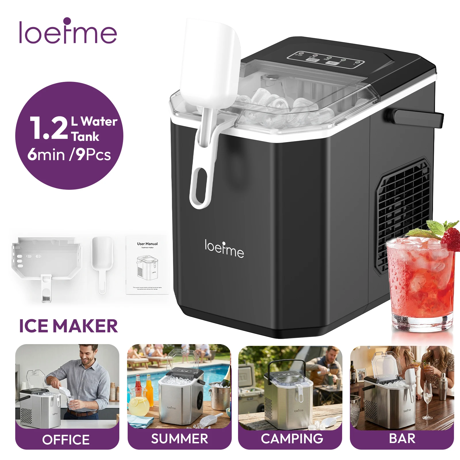 Machine à glaçons portable LOEFME 1,2 L, 12 kg/jour, 9 glaçons, autonettoyante, avec panier à glaçons pour la maison, la cuisine, les fêtes et le camping