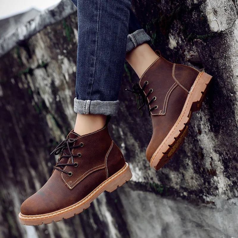 أحذية رجالية جلدية مصنوعة يدويًا في الكاحل ، أحذية ترفيهية خارجية ، خفيفة الوزن ، أحذية عمل رجالية ، كلاسيكية ، كاجوال ، مصمم ، موضة