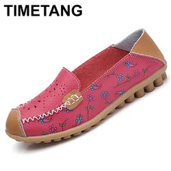 TIMETANG  New Summer plus size Women cutouts Genuine Leather Mom shoes Comfortable Appliques Sewing Flats Casual ballet flats