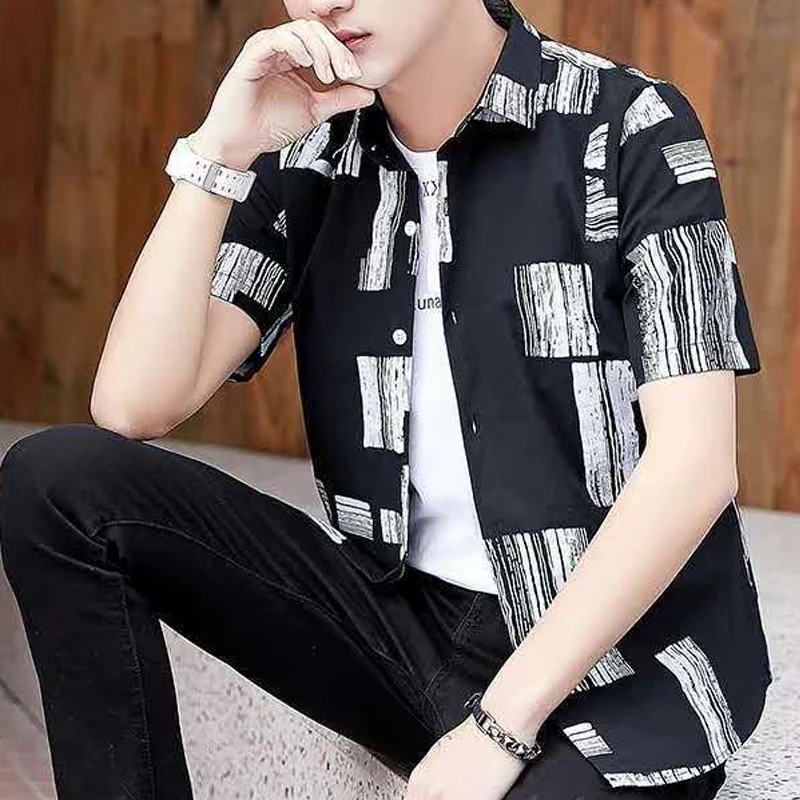 Spring Summer New Turn-down Collar Fashion Long Sleeve Shirt Man High Street Casual Button Cardigan Korean Style Printing Tops