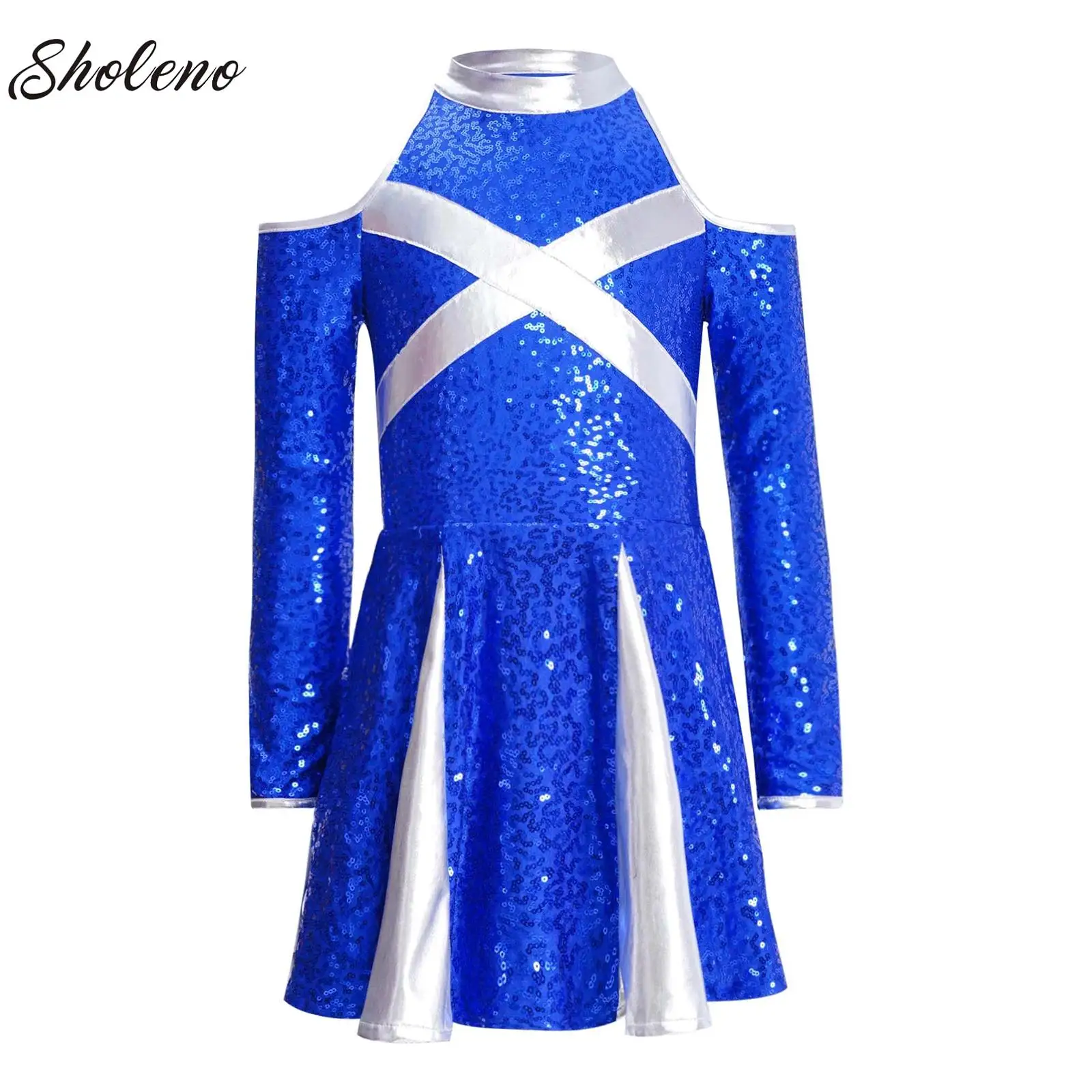 

Kids Girls Sequins Ballet Dance Jersey Figure Skating Cheerleading Performance Costume Schoolgirls Cheer Leotard Dress Dancewear