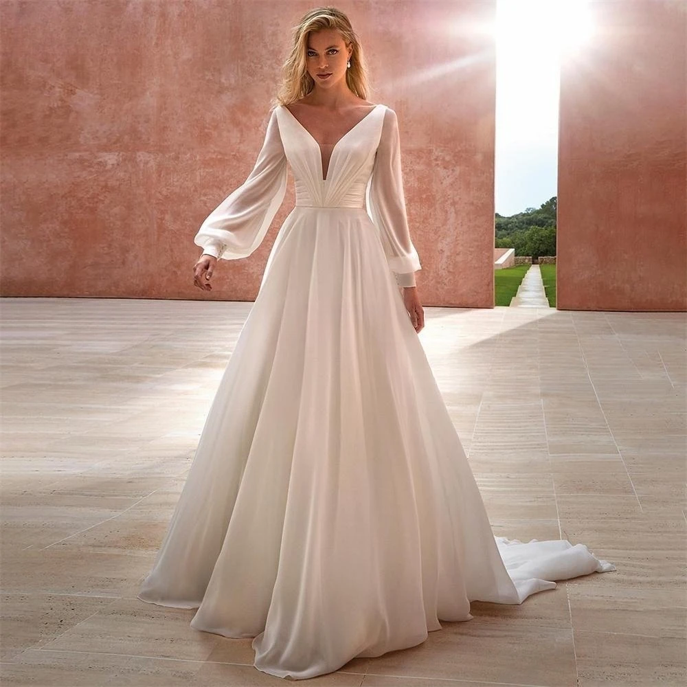 Vestidos de casamento com decote em v sexy para mulheres, mangas compridas, vestidos personalizados boêmios, tule elegante, comprimento de esfregar