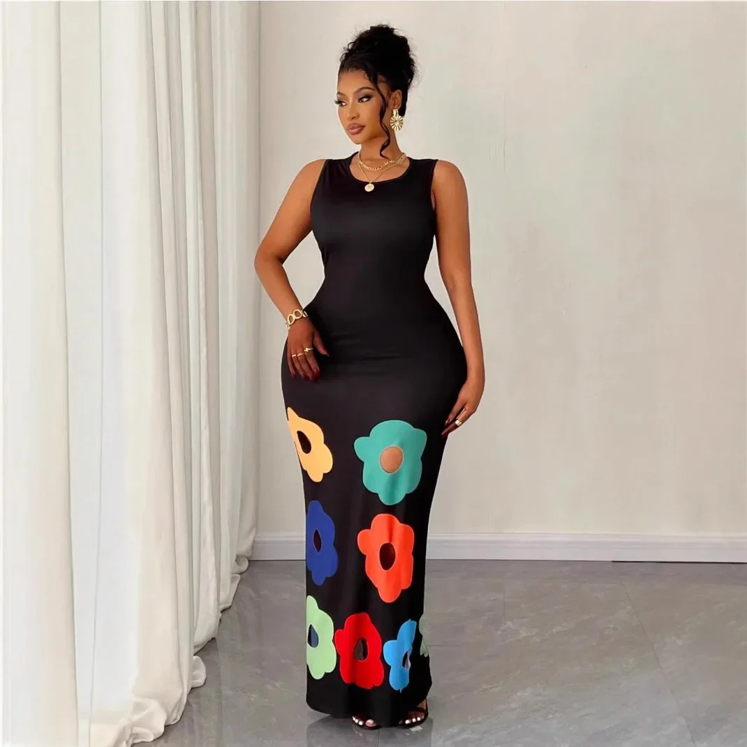 

Women's Floral Hollow Out Bodycon Dress Sleeveless Sexy Round Neck Casual Printed Vintage Eevning Tanks Long Dresses Summer