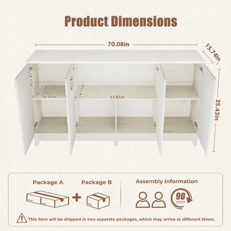 Dressoir buffetkast met opbergruimte, 70'' grote moderne gecanneleerde dressoirs, voor woonkamer entree hal, antiek wit