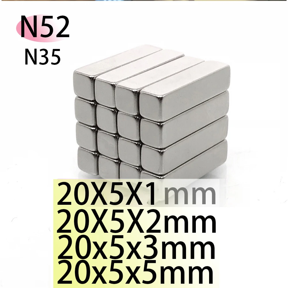 N52 20x5x1 20x5x2 20x5x3 20x5x5 N35 Rectangle Square Neodymium Bar Block Strong Magnets Search Magnetic Ndfeb Motor Generator