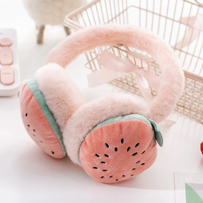 Cute Cartoon Fruit Girls Winter Warm Ear Muffs  Fluffy Fold Burger Shape Headphone Earmuffs Soft Cashmere Warmer Fake Fur Earlap