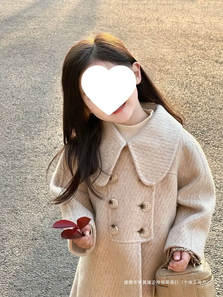 女の子のための人形の襟付きウールコート,シンプルなスタイルの服,秋冬