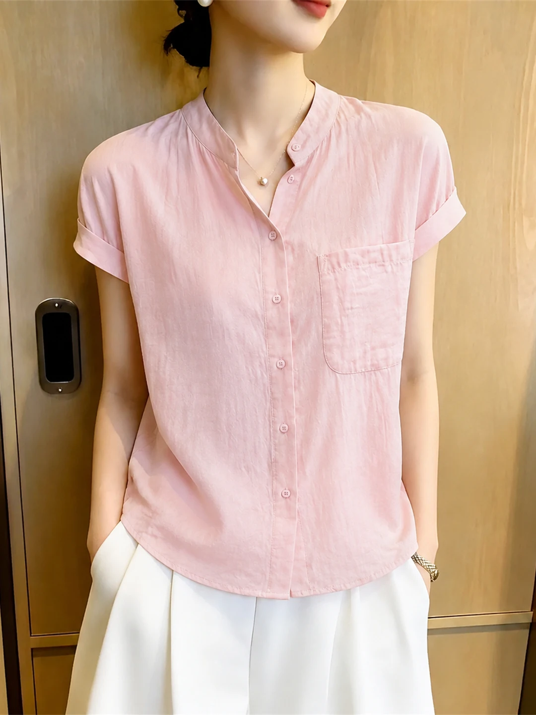 

Chic Single-Button Pure Color Shirt Simple Elegant Casual Summer Top Women's Fashion Silk Blouse Commute Korean Style Straigh...