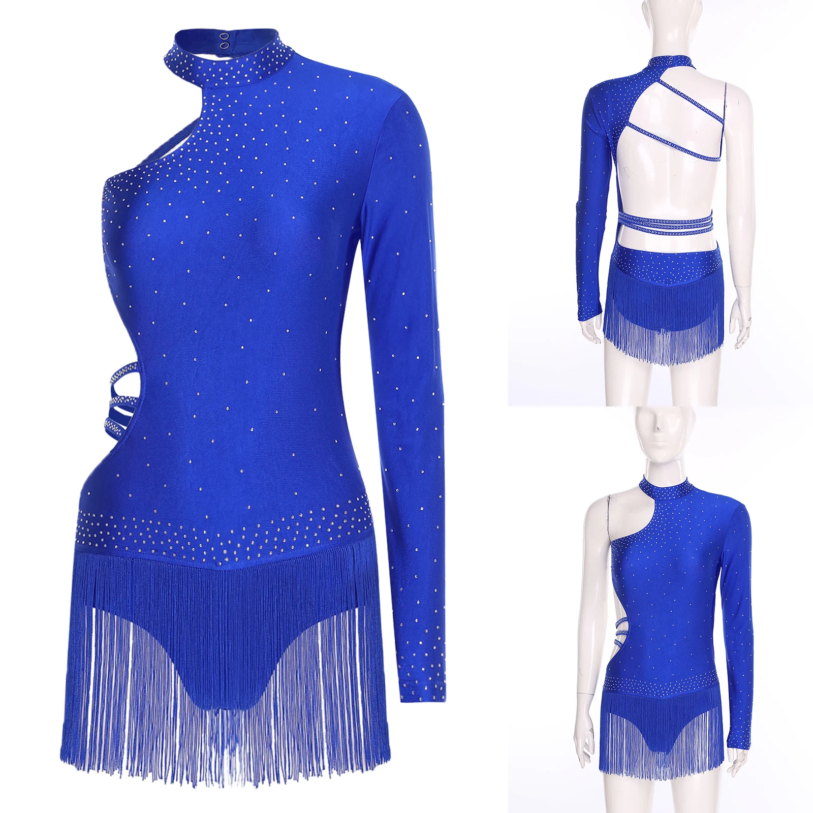 Dames Latin Dance Turnpakje Body Glittery Single Lange Mouw Strappy Backless Kwastje Jumpsuit voor Chacha Tango Prestaties