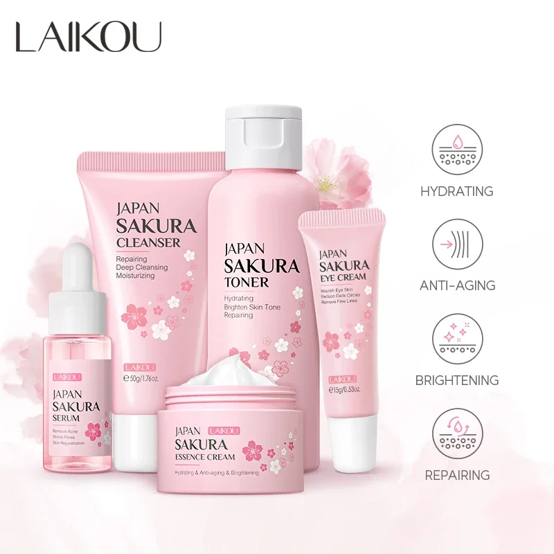 LAIKOU Japan Sakura Skin Care Set Serum Rejuvenating Cream Glowing Moisturizer Fade Blemishes Cleanser Serum Toner Eye Cream Hot