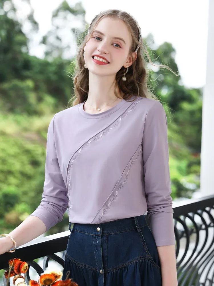 I BELIEVE YOU T-shirts for Women 2024 Tender Delicate Embroidery Long Sleeve Autumn New Casual Slim Female Base Shirt 2243015893