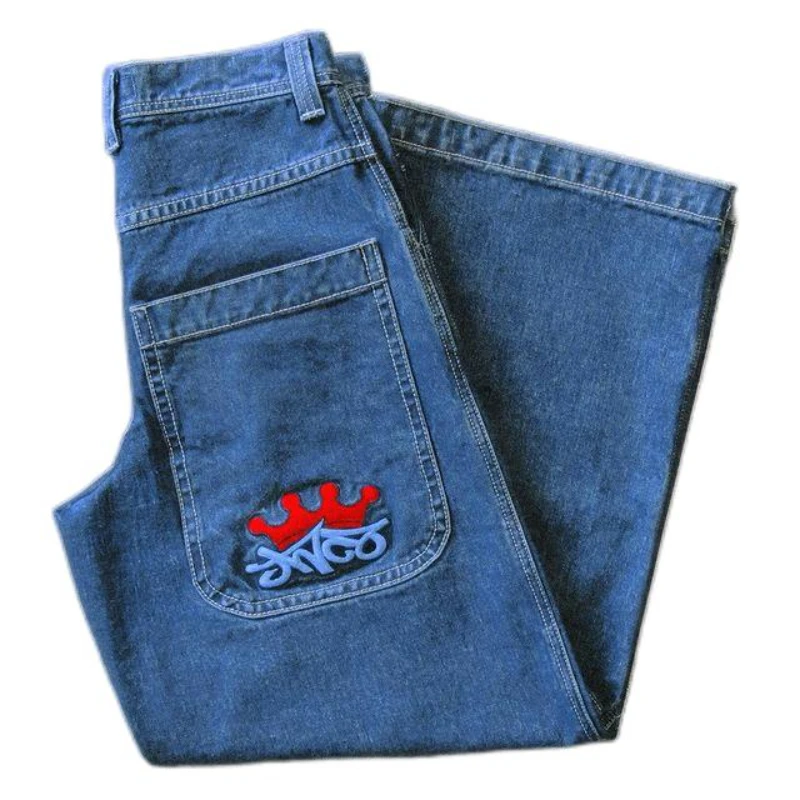 

Y2K JNCO Retro Small Crown Embroidered Pattern Jeans New Street Wide Leg Jeans Men's Harajuku Embroidered Denim Trousers Traf