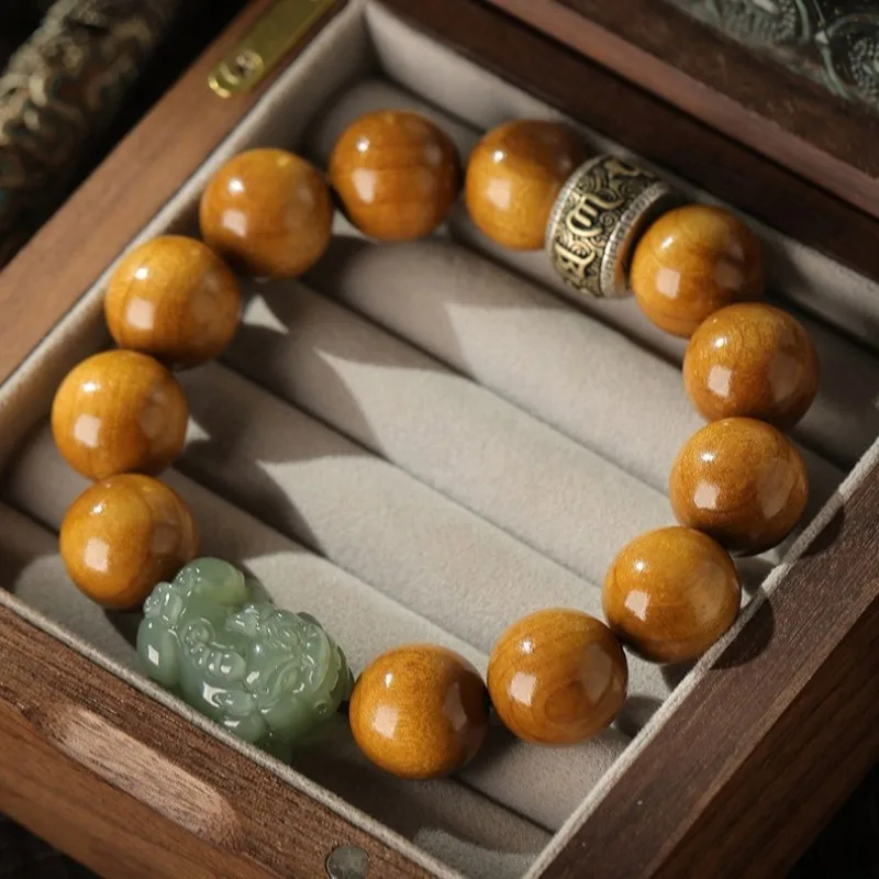 Chinese Style Lucky Golden Phoebe Wood Beaded Bracelet Natural Hetian Green Jade Pixiu Charm Fortune Blessing Good Luck Unisex