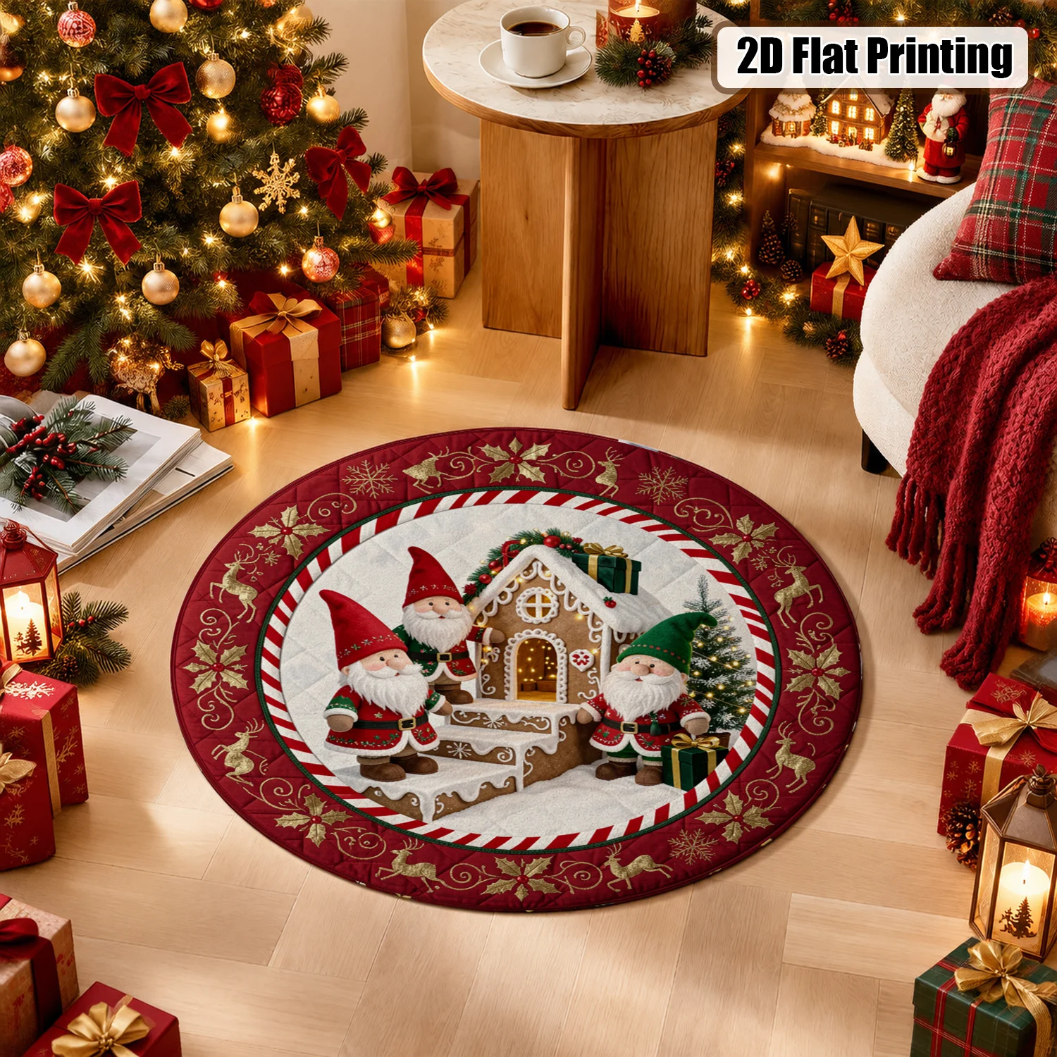 Christmas Gnomes Gingerbread House Reindeer Print Round Velvet Placemat Machine Washable for Dining Table Coffee Table Kitchen Counter Halloween Thanksgiving Christmas New Year Black Friday Cyber Monday