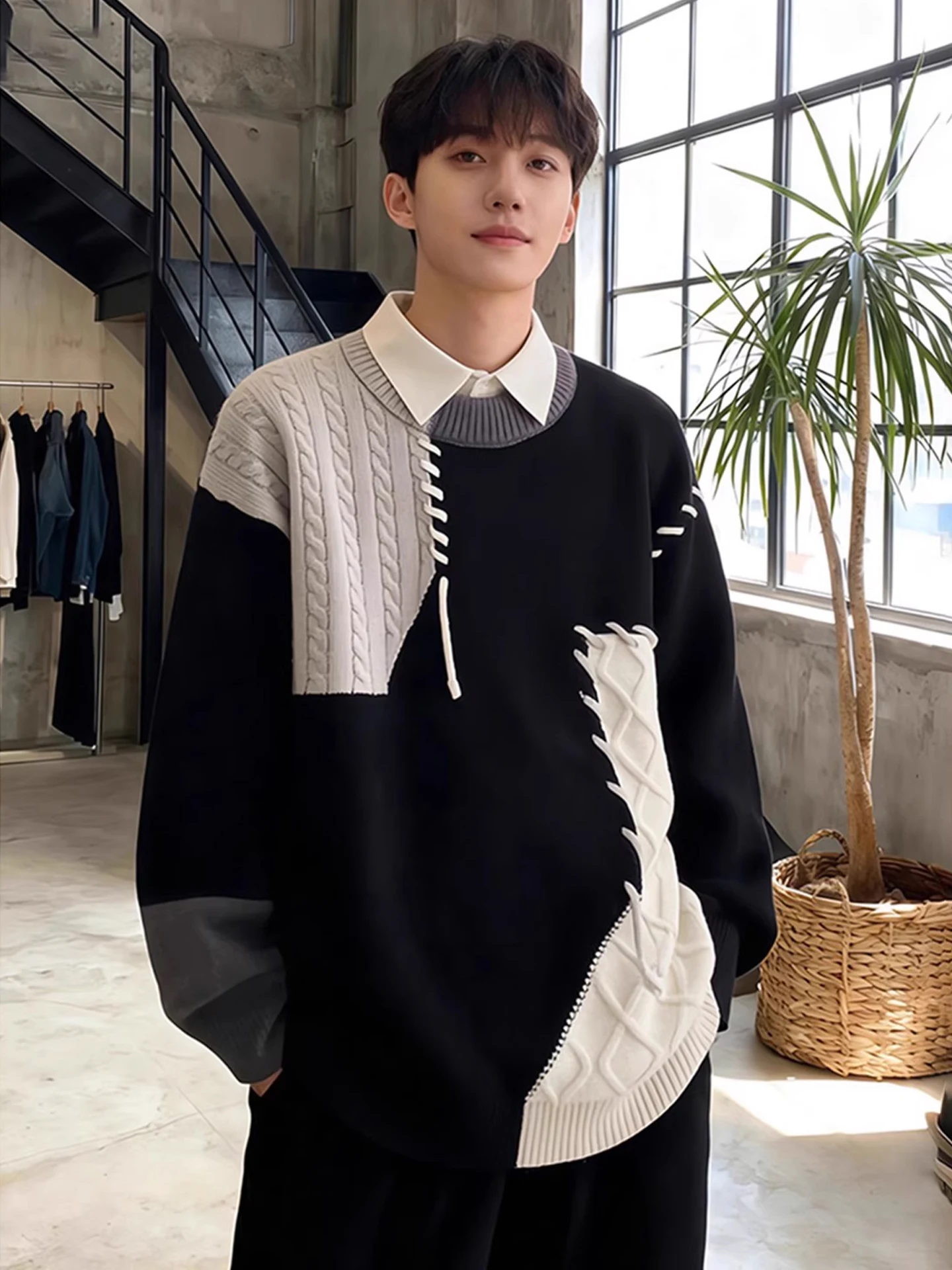 

Men's Color Blo Fce Lined Knitwear Winter Thi Warm Casual Sle Polyester Fiber Long Sve round Ne Sweater