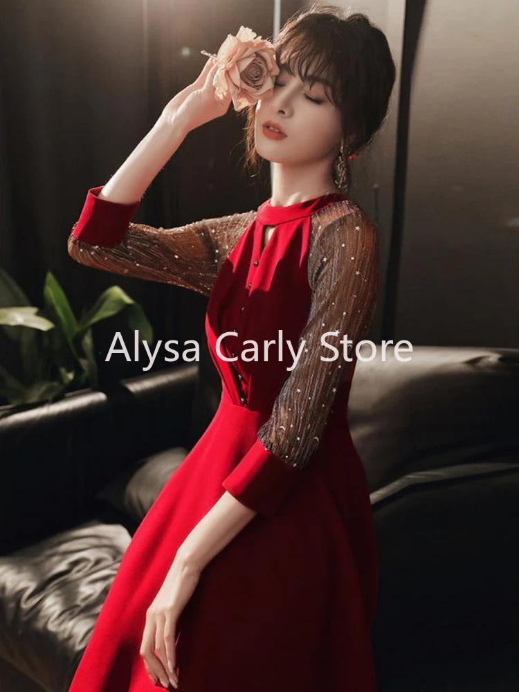 Elegant Vintage Fairy Dress Women Red Patchwork Korean Style Sequined Dress Female 2023 Autumn Casual Evening Party Dresses Chic