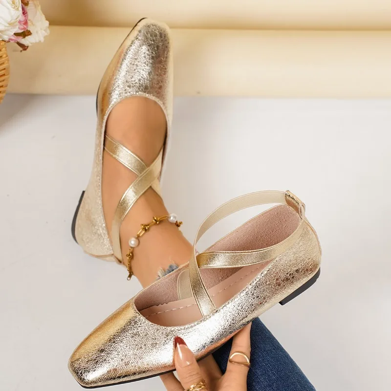 Women's Pointed Toe Flats Ballet Shoes Cross Strap Metallic Glitter Shallow Slip on Comfortable Casual Walking Mary Janes Shoes