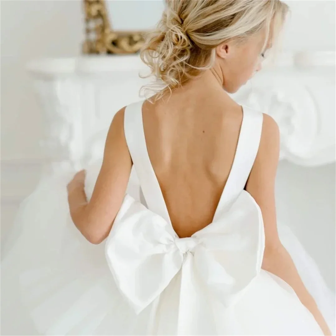 Customized Flower Girl Dresses White Satin Polka Dot Skirt With Gray Blue Bow Belt Half Sleeve For Wedding Birthday Party Prince