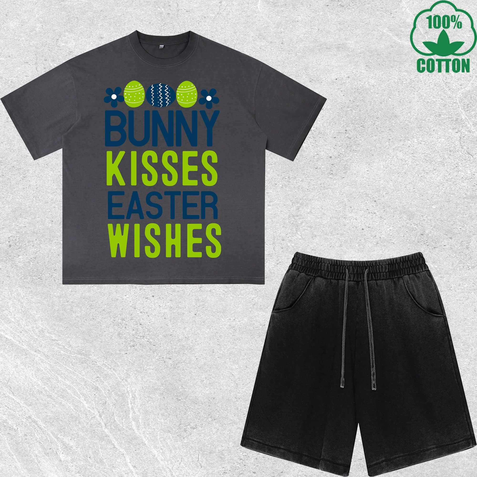

Bunny Kisses Easer Wishes Printed Dirty Wash T-Shirt Shorts Set Multicolor Combo Loose Trendy Fashionable 100%Cotton