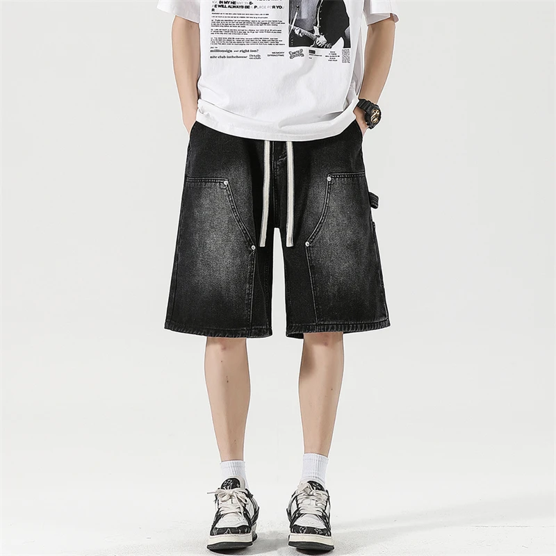 

Мужские мешковатые шорты-карго, новые летние модные прямые повседневные джинсы на шнурке, уличная одежда, мужские короткие брюки с карманами