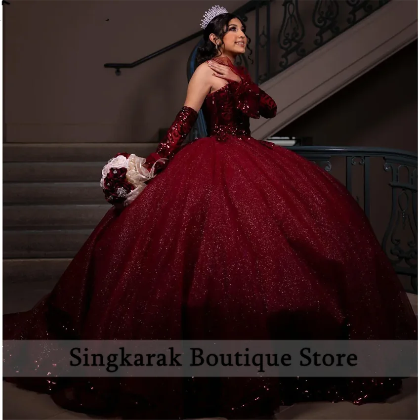 Sparkly Wine Red Quinceanera Dress Sweet 16 Dress Crystal Beads Diamonds Sequins Party Gowns With Sleeves Customized