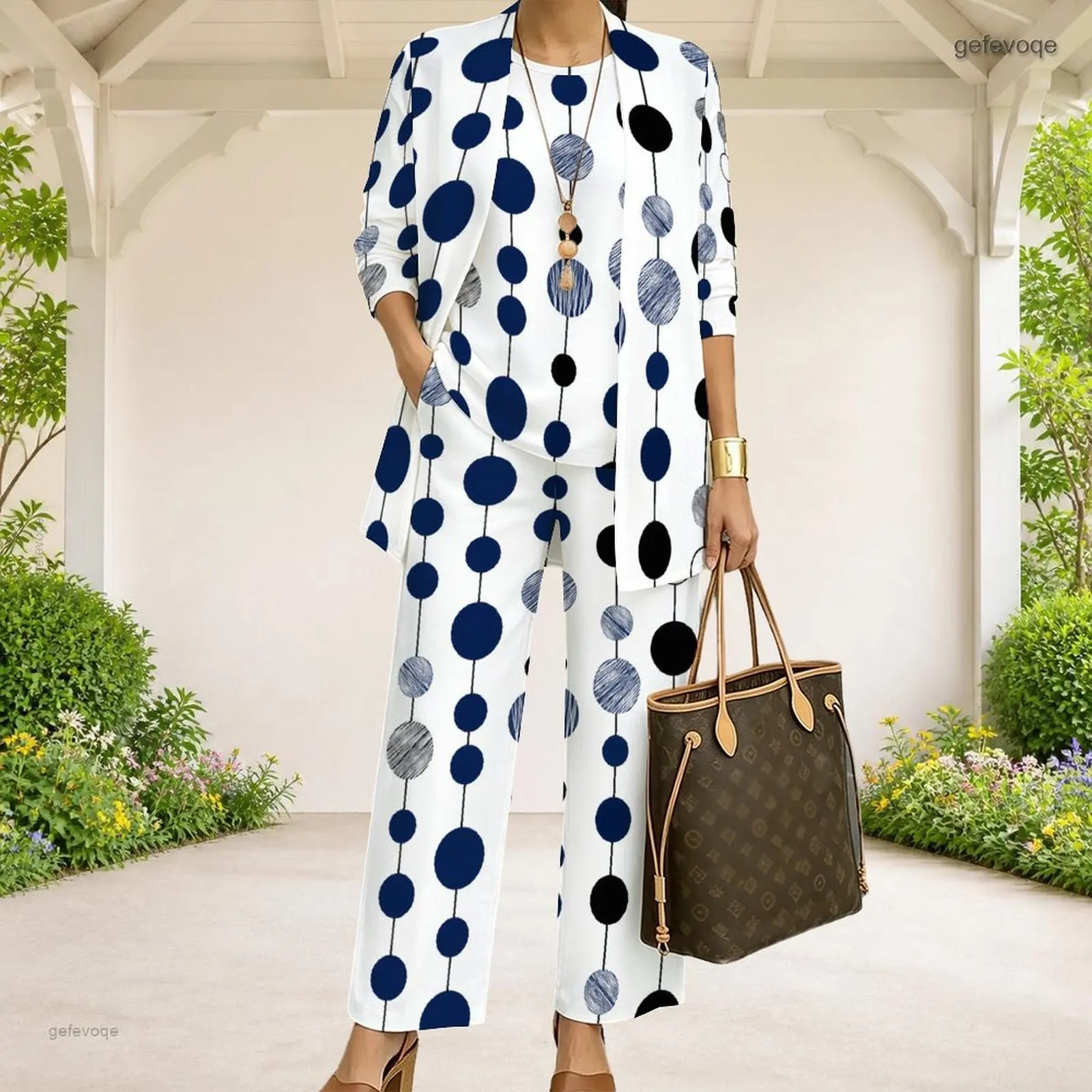 Women Women White Base Polka Dot Print 3 Piece Pants Set, 3/4 Sleeve Cardigan Sleeveless Top Long Pants - Aliexpress Deal