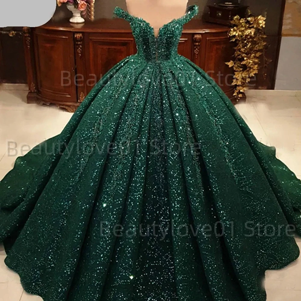 

2024 Sexy Arabic Muslim Green Sequins Beading Wedding Dress Off Shoulder Lace Evening Party Gowns Sweep Train Robes De Soirée