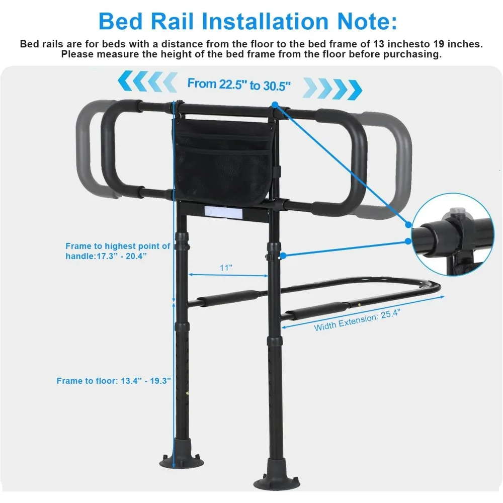 Elderly Bed Safety Rail with Motion Sensor Light, Adjustable Height & Storage Pocket for All Bed Sizes