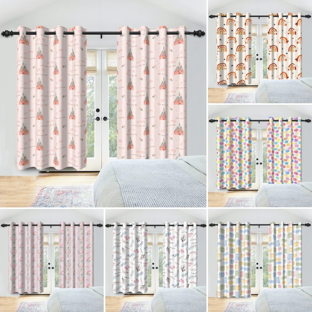 2pcs Colorful Kids Curtains with Castle Rainbow Flowers Leaves Stripes Blackout Drapes Thermal Insulated Curtain Bedroom Decor