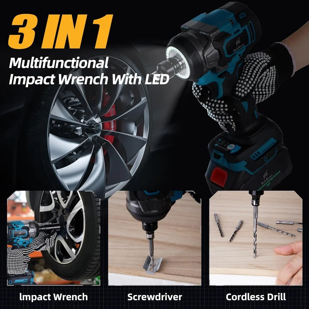 Kit de clé à chocs sans balais de 500 N.m avec douilles, forets et crochet de taille pour voitures, camions et projets de bricolage