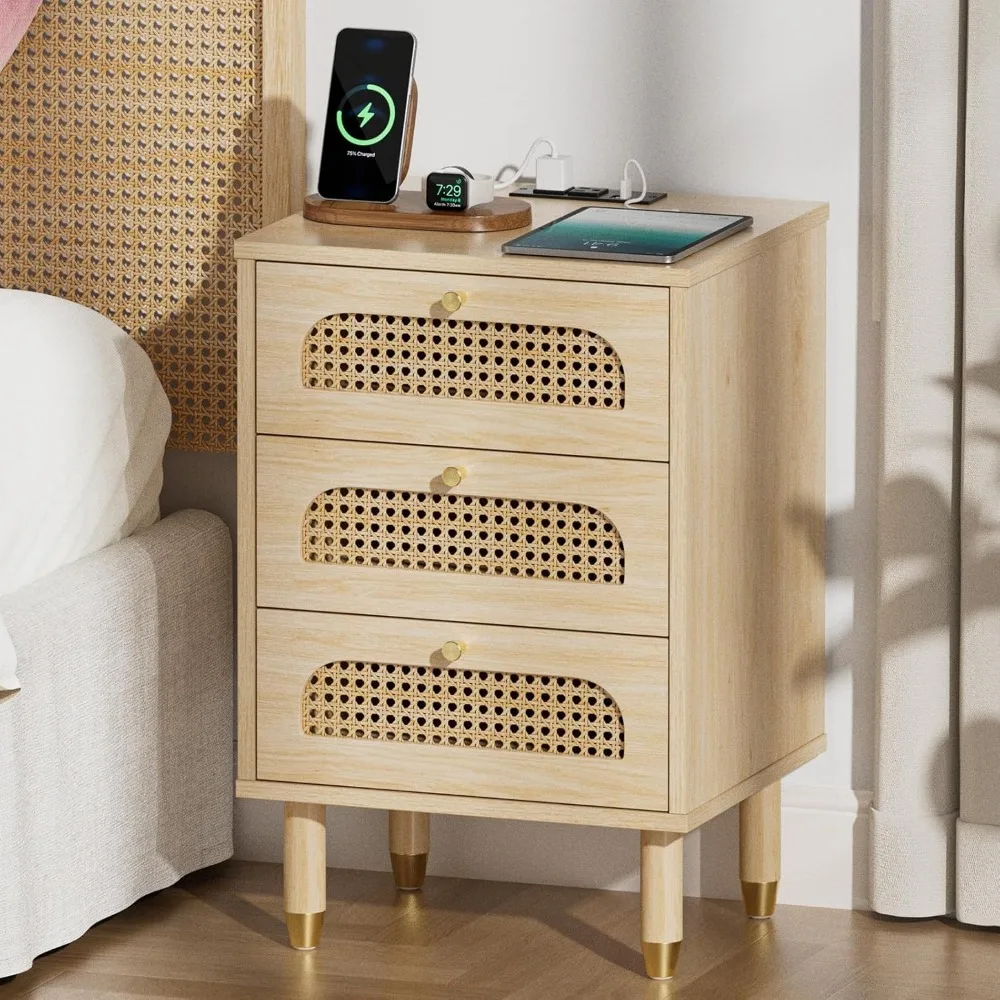 Nightstand with Charging Station, Rattan Night Stand 3 Drawer Bed Side Table, Boho Endtable with Drawers, Wood Nightstand for B