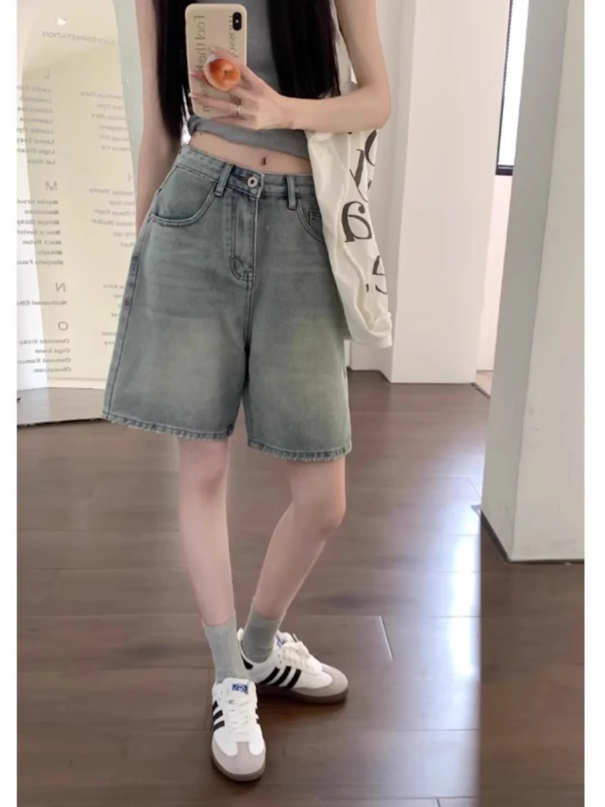 

High Waist Waed Denim orts Women Summer plus Size Loose Slimming Concealing Casual Five-Quarter Length Jeans