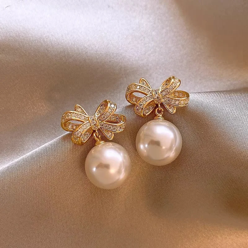 Fashionable S925 Silver Needle Bow Imitation Pearl Earrings, Exquisite Feminine Style Wedding Party Jewelry Accessories