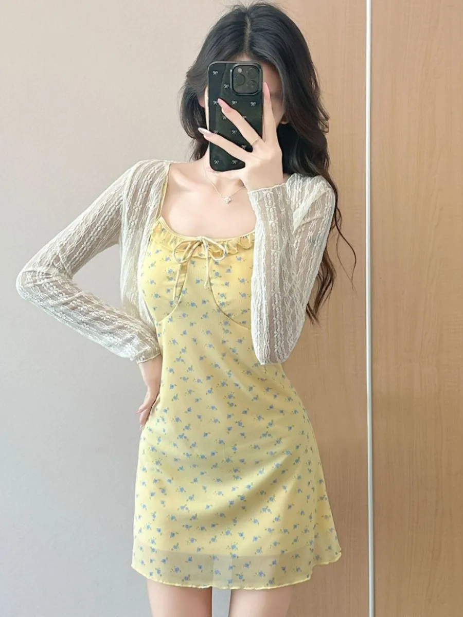 2026 Summer New Sweet Floral Bikini Set Women's Conservative Beach Vacation Skirt Style Swimsuit Pure Desire Long Sleeve
