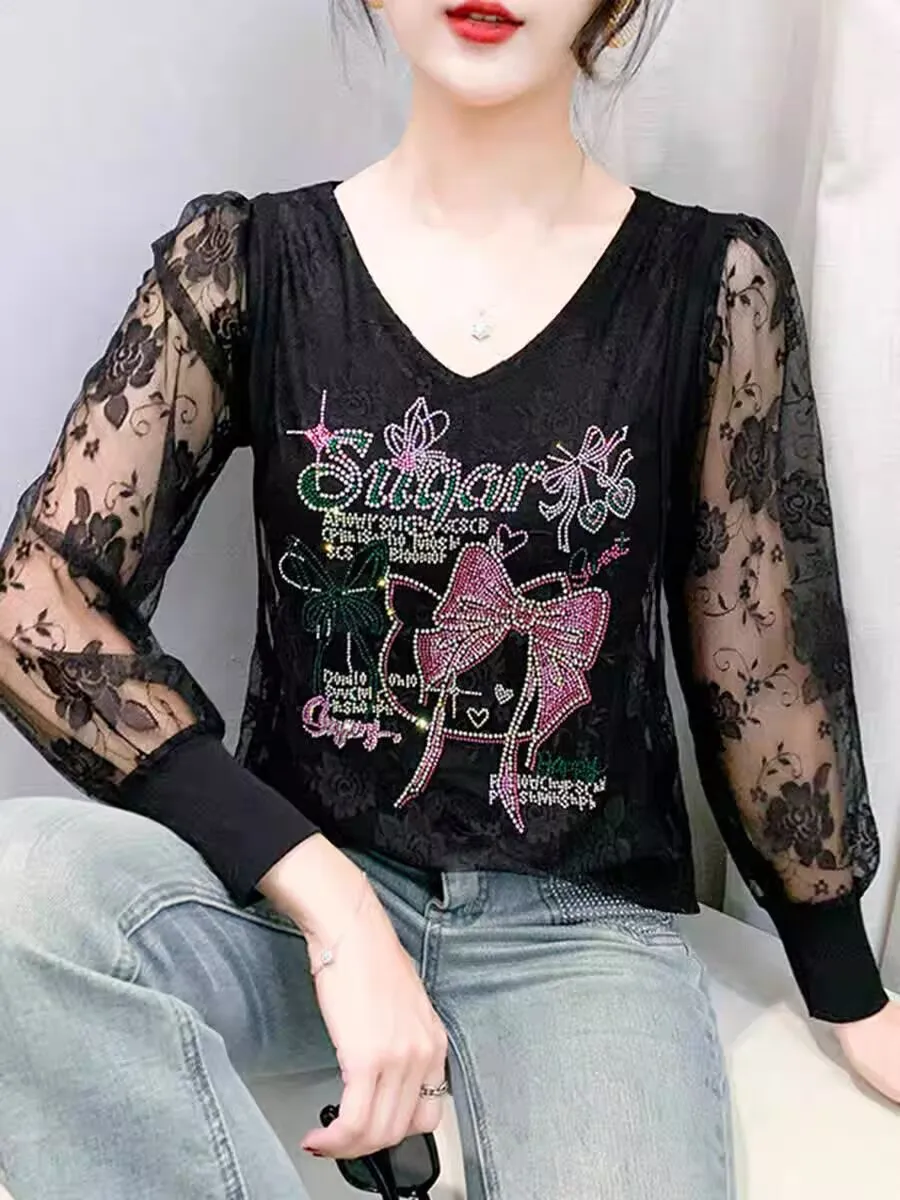 2025 جديد وصول الماس مجموعة مقوس دانتيل الفن الساحرة تي شيرت الربيع الصيف امرأة طويلة الأكمام فانوس كم شير عارية الذراعين