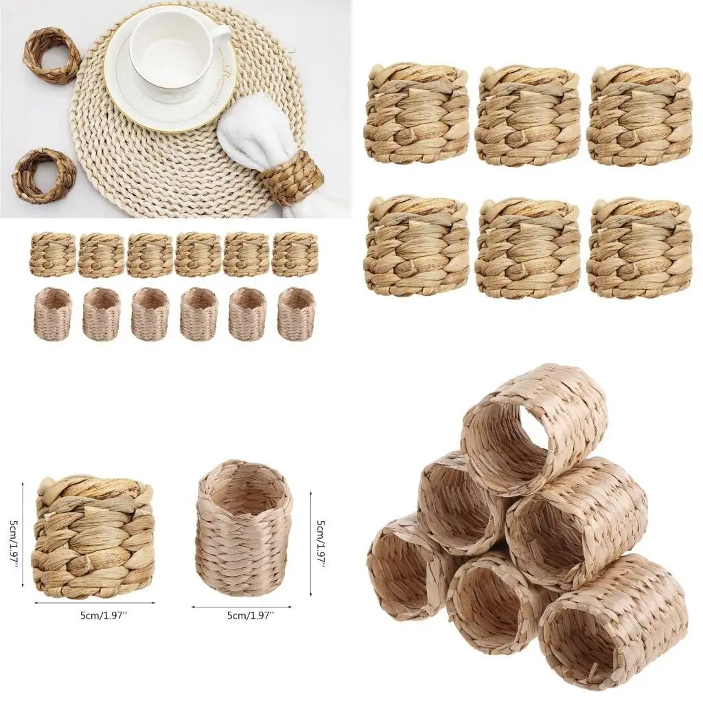

G6KF 6Pack Woven Napkin Rings Farmhouse Napkin Rings Handmade Natural Water Hyacinth Fabric Napkin Rings for Party Wedding