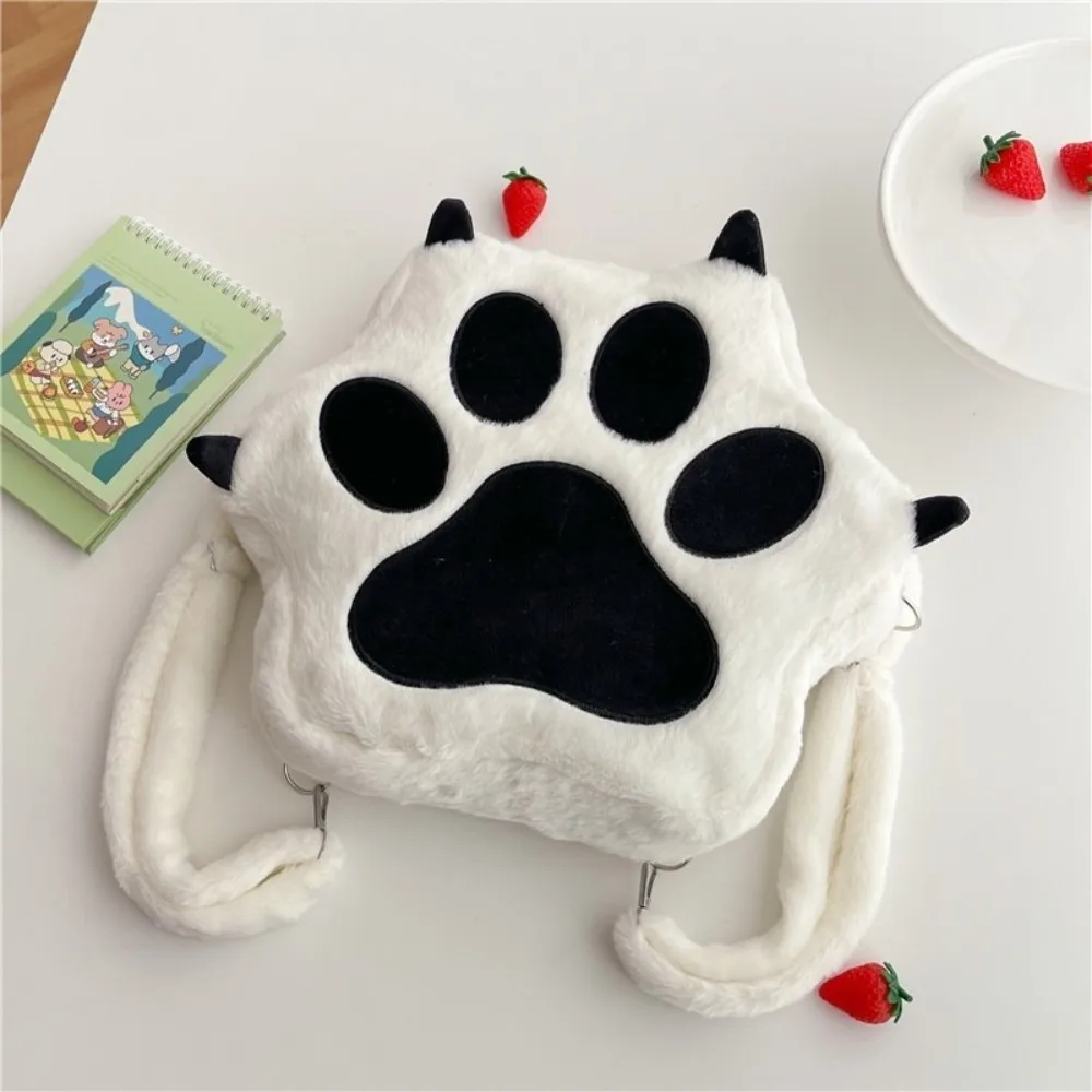Kawaii White Puppy Cat Paw Backpack Adjustable Straps Plush Shoulder Bag Soft Fluffy Big Capacity Handbag For Girls Women
