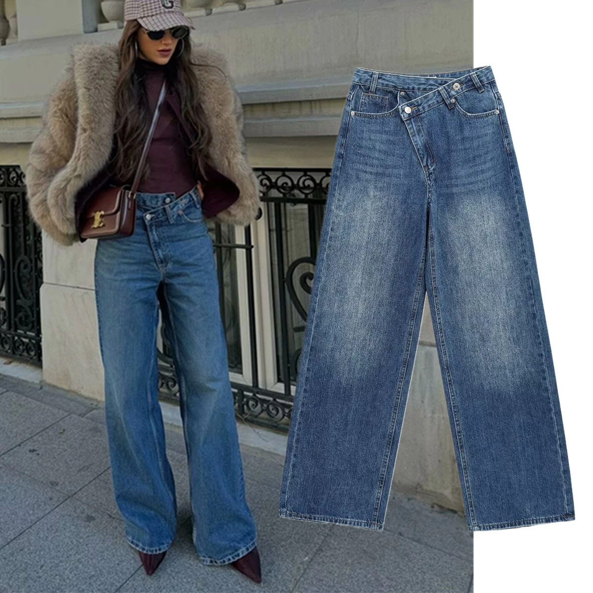 Withered Fashion Jeans American Retro Asymmetrical Waist Jeans Women Mom Jeans Straight Loose Denim Pants For Women