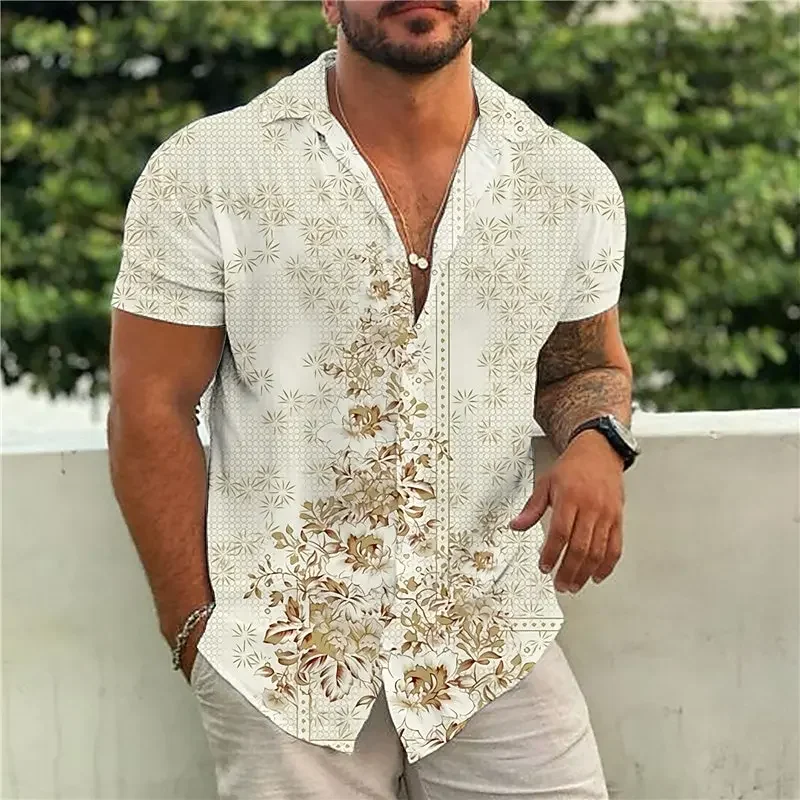 Men's Ethnic Style Linen Is Comfortable Coconut Tree Shirt Palm Hawaii Vacation Casual Summer Short Sleeve Pocket Collar Shirt