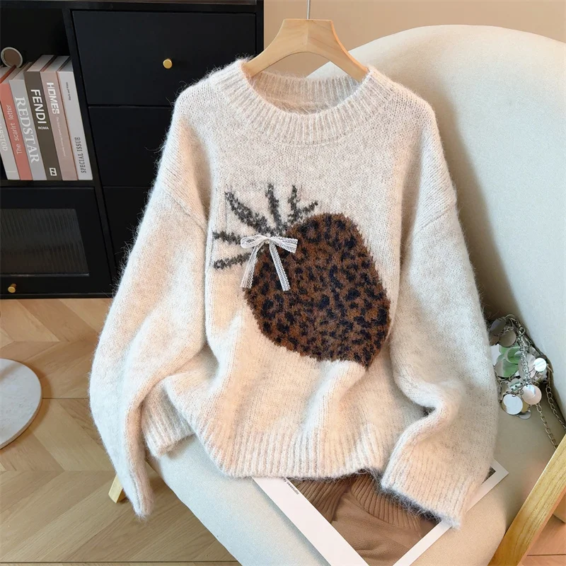 المرأة المشمش البلوز الفراولة سترة خمر 2000s البلوز متماسكة طويلة الأكمام س الرقبة سترة الكشمير المعنقة للنساء الخريف الشتاء #2