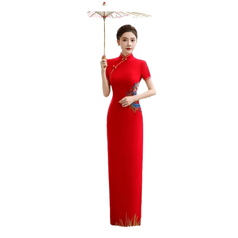 Gaun pengantin wanita, gaun pesta malam panjang, gaun Cheongsam tinggi, Satin, Qipao pernikahan bordir merah Cina, ukuran besar 5XL