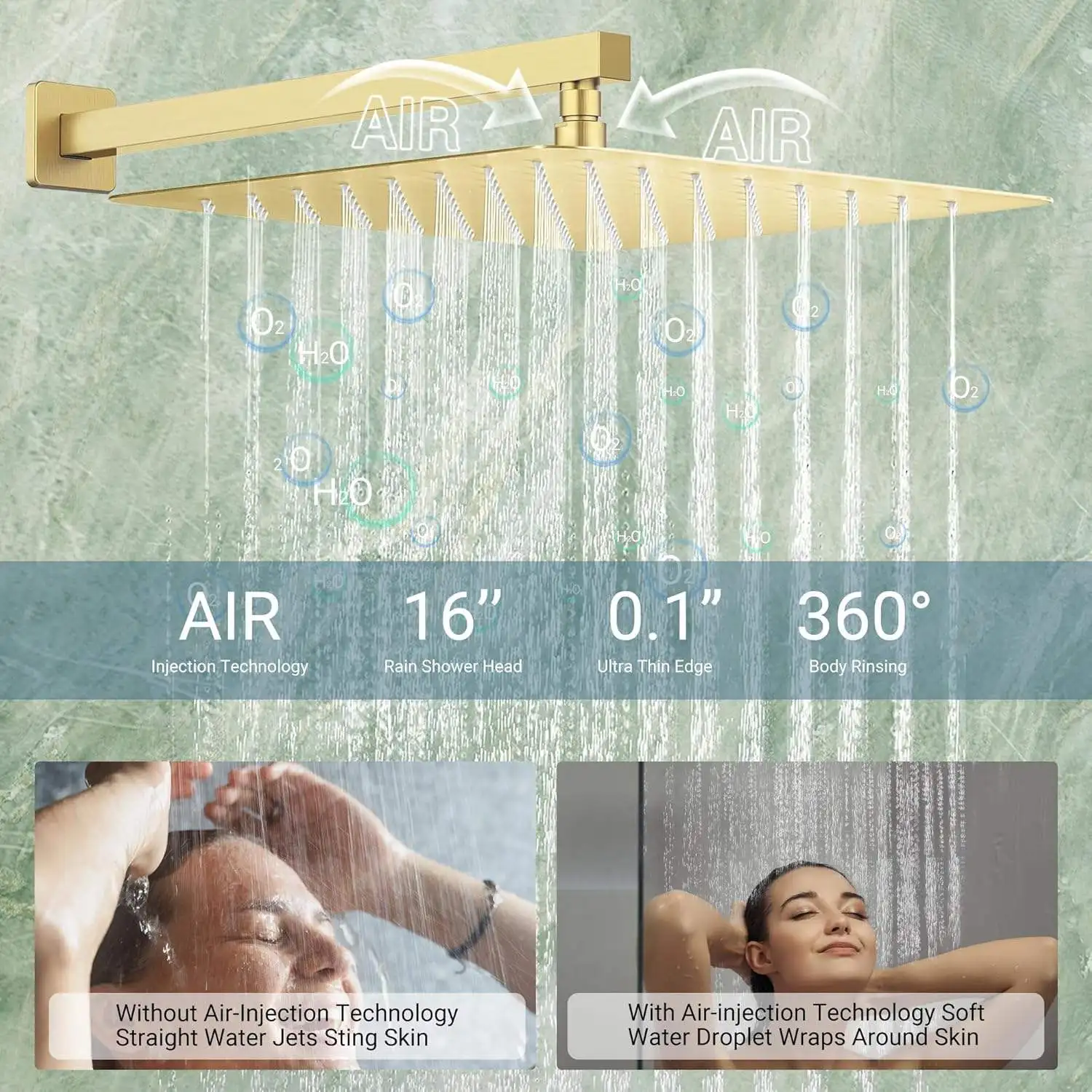 Thermostatic Dual Shower System 6 Body Jets 6-Inch 16" Rainfall Shower Modern Design Wall Mount Polished Gold Ceramic Faucet Set view 4