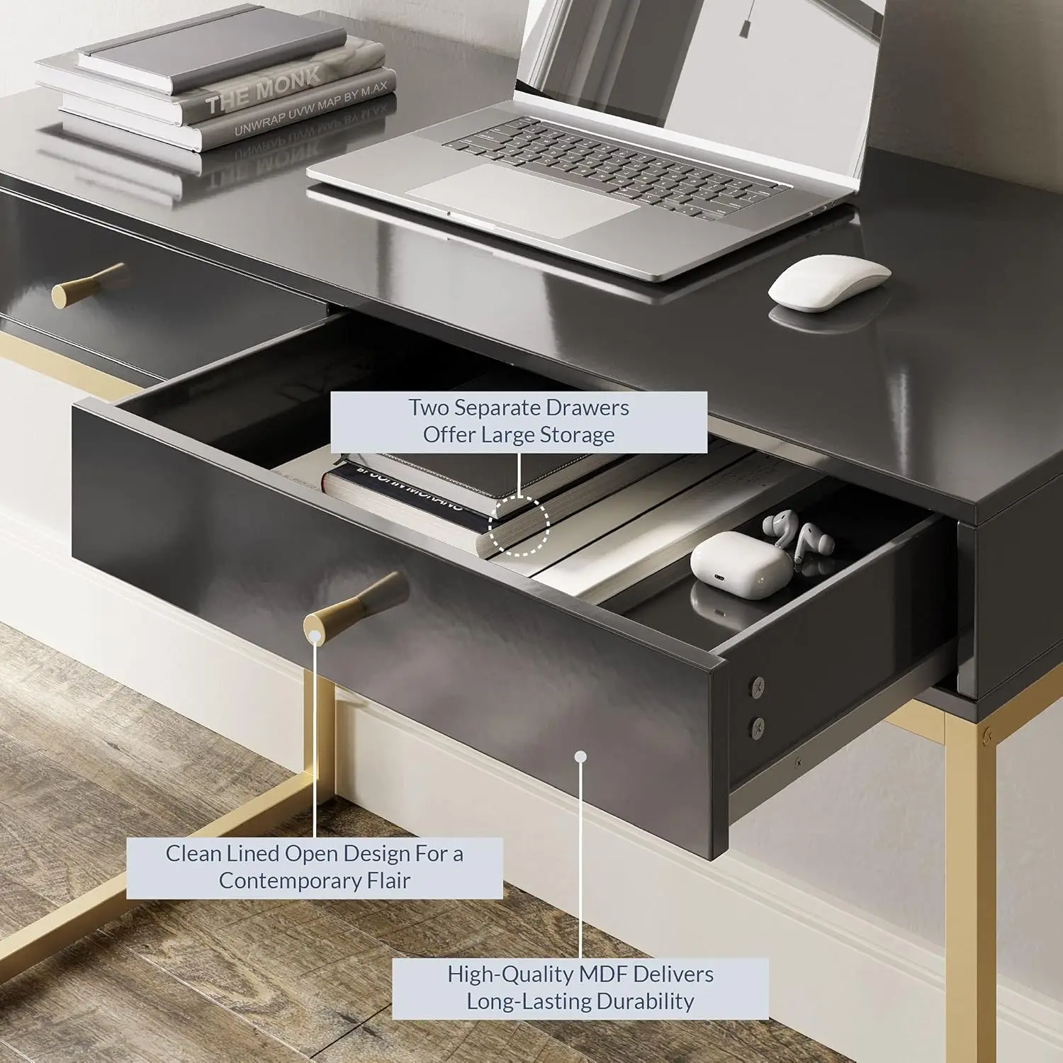 42 Inch Makeup Vanity or Home Office Desk for Bedroom, Black Wood Top with Gold Metal Frame, Two Storage Drawers - view 5