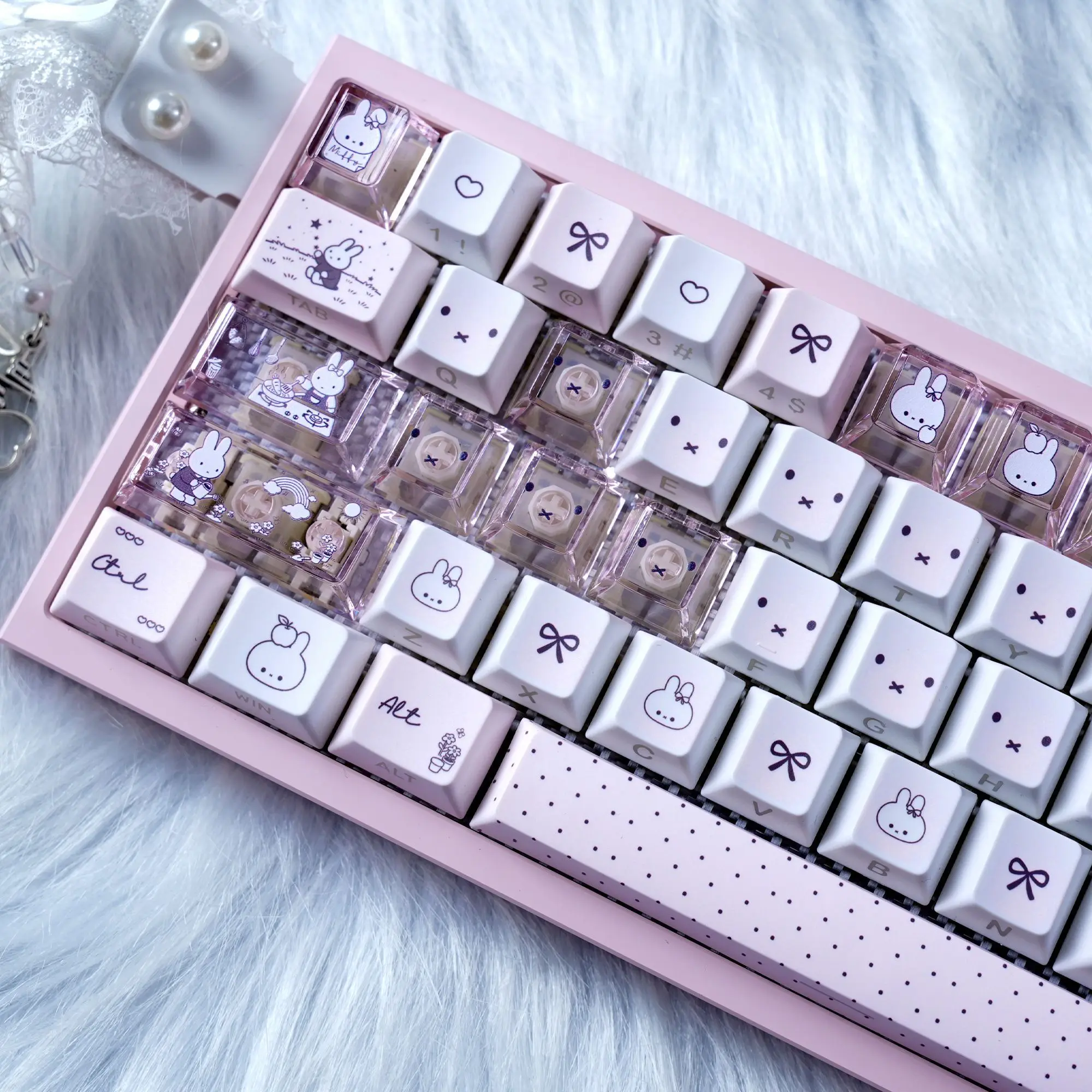 Kawaii Miffy Pink Transparent PC Side‑lit Keycaps Original Profile Supplementary Keys Compatible for Ev63 Wooting Magnetic