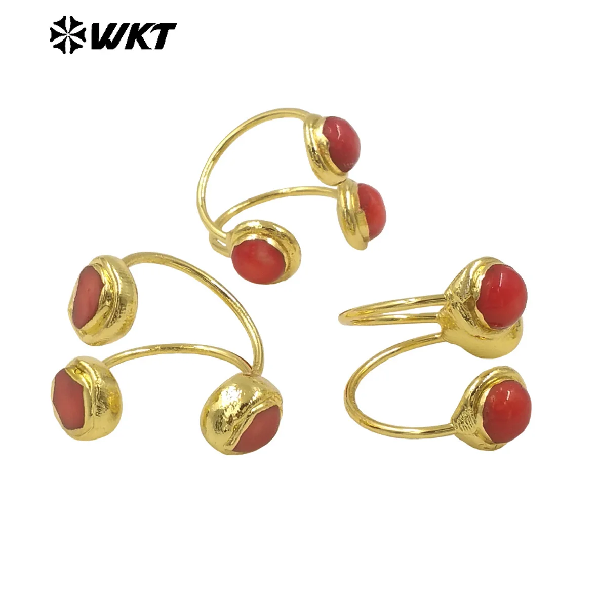 WT-MPR119 Natural Red Coral Fix Round And Randomly Flat Wraparound Design With Yellow Brass Fine Ring Accessory