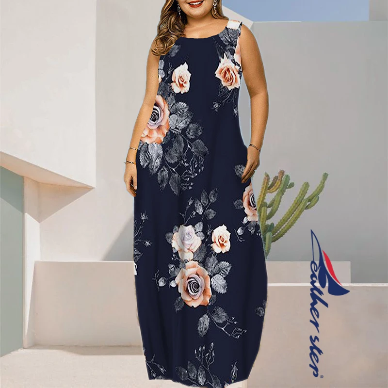 Plus Size damska artystyczny nadruk sukienka Maxi elegancka sukienka bez rękawów Longue letnia kieszeń plażowa długie sukienki swobodny top Kaftan