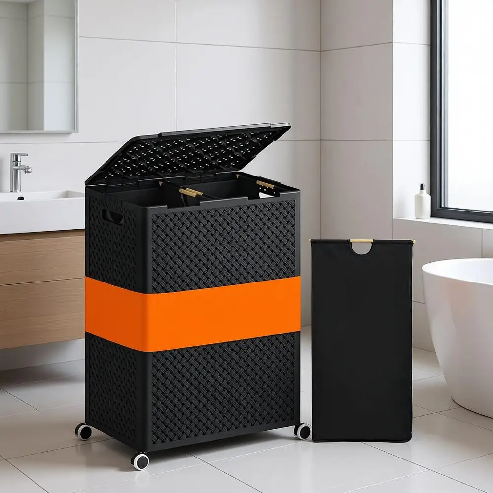 

Двухсекционная корзина для белья на 110 л с крышкой, складная, на колесиках, черная